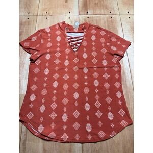 No Boundaries Orange Geometric Lace Up V‎ Neck T Shirt Top XXXL Plus Size